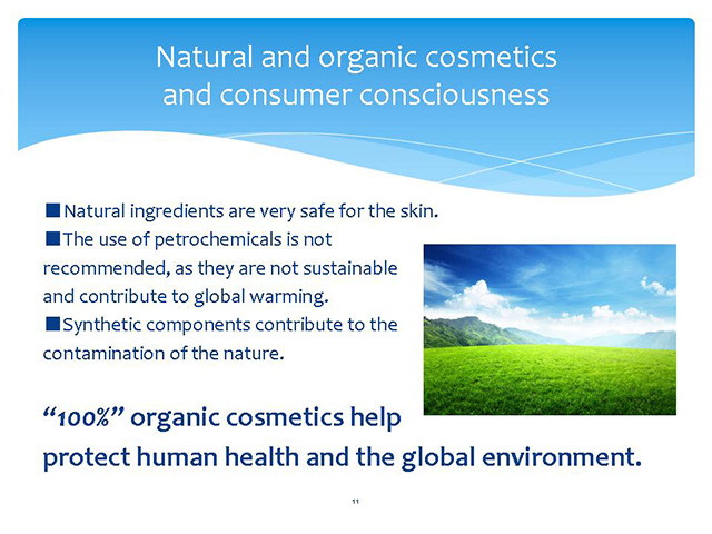 Natural and organic cosmetics and consumer consciousness ■Natural ingredients are very safe for the skin.■The use of petrochemicals is not recommended, as they are not sustainable and contribute to global warming.■Synthetic components contribute to the contamination of the nature. “100%” organic cosmetics help protect human health and the global environment.