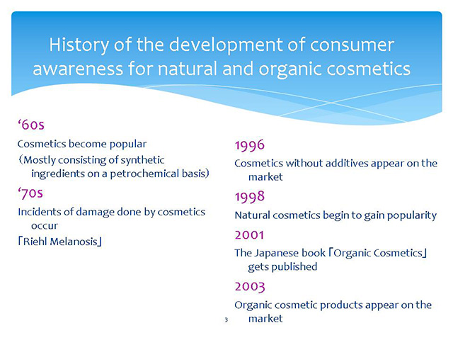 History of the development of consumer awareness for natural and organic cosmetics ‘60sCosmetics become popular（Mostly consisting of synthetic ingredients on a petrochemical basis）‘70sIncidents of damage done by cosmetics occur「Riehl Melanosis」 1996Cosmetics without additives appear on the market1998Natural cosmetics begin to gain popularity2001The Japanese book 「Organic Cosmetics」 gets published2003Organic cosmetic products appear on the market