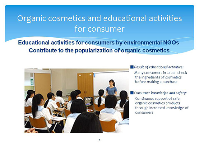  Organic cosmetics and educational activities for consumer Educational activities for consumers by environmental NGOs Contribute to the popularization of organic cosmetics■Result of educational activities: Many consumers in Japan check the ingredients of cosmetics before making a purchase■Consumer knowledge and safety: Continuous support of safe organic cosmetics products through increased knowledge of consumers
