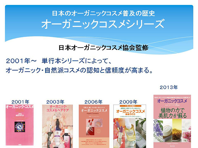 日本のオーガニックコスメ普及の歴史
オーガニックコスメシリーズ

日本オーガニックコスメ協会監修

　　　２００１年～　単行本シリーズによって、　オーガニック・自然派コスメの認知と信頼度が高まる。