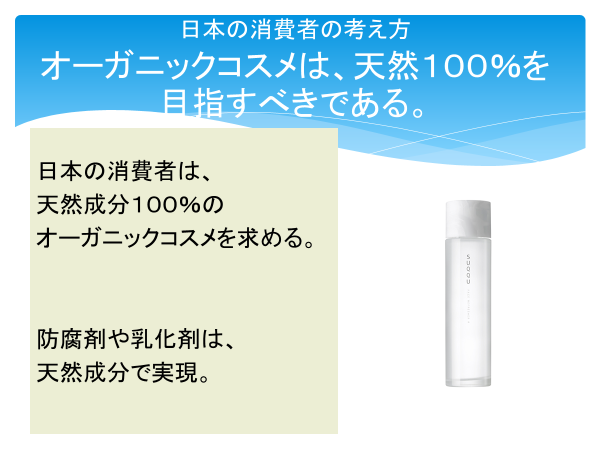 日本の消費者の考え方
オーガニックコスメは、天然100％を目指すべきである。
日本の消費者は天然成分100％のオーガニックコスメを求める。

防腐剤や乳化剤は天然成分で実現。